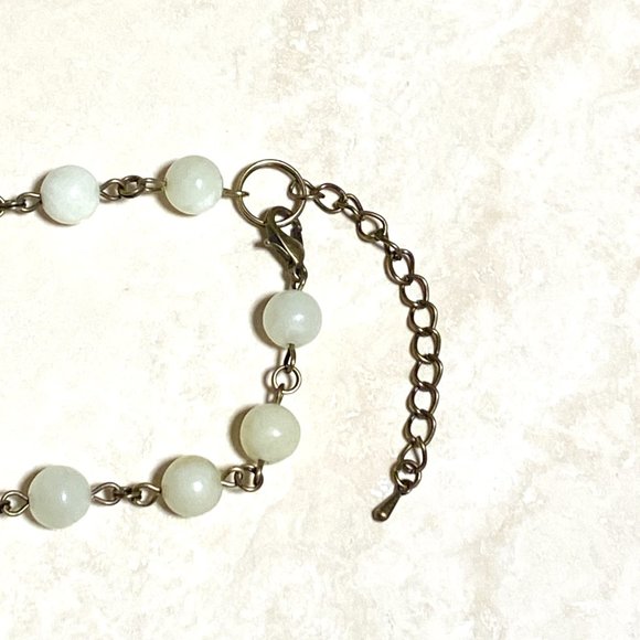 Natural Pale Green Serpentine Necklace, Bronze Slim Mushroom + Genuine Gemstone - Picture 10 of 14